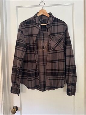 True Religion Brown and Black Plaid Lightweight Shirt Jacket